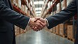 © Maryna - Business partners handshake in warehouse. Two men in suits make deal in storage. Collaboration in logistics, storage, industry. Pro agreement, work, commerce, trade. Distribution boxes on shelf.
