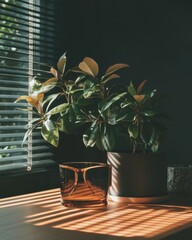 Poster - Urban Botanical Sanctuary Minimalist Workspace Harmony - Wellness-Driven Design with Sunlit Houseplant and Chic Designer Eyewear
