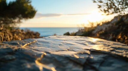 Poster - Serene Eco-Mindfulness Golden Hour Stone Surface Meets Coastal Minimalism - Sustainable Design Inspiration for Wellness Branding and Meditative Lifestyle Content