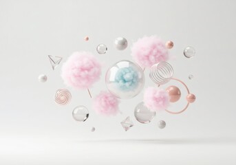 Wall Mural - abstract 3d render with pink and blue pastel clouds and geometric shapes