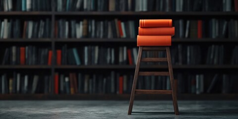 Aufkleber - Minimalist Knowledge Ascent Vibrant Orange Academic Books on Wooden Ladder - Inspiring Educational Growth and Modern Learning Visualization for Digital Content Creators