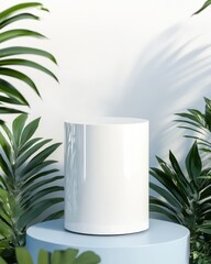 Poster - Minimalist Biophilic Product Showcase Sleek White Cylindrical Podium in Soft Blue and Green Contemporary Design Space