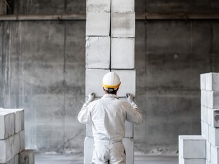 Aufkleber - Urban Industrial Minimalism Raw Concrete Construction Site with Safety-Focused Professional Exploring Architectural Materials - Sustainable Building Innovation Narrative