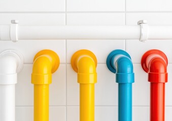 Poster - Minimalist Industrial Design Vibrant Color-Coded Plumbing Pipes Showcasing Modern Infrastructure Aesthetics and Precision Engineering
