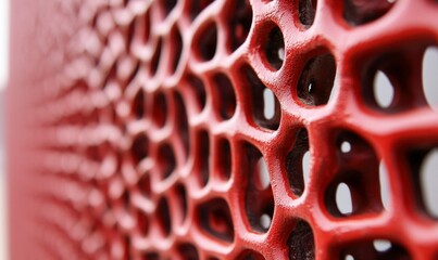Poster - A red metal structure presents a captivating pattern of organic cell-like openings in sharp focus.