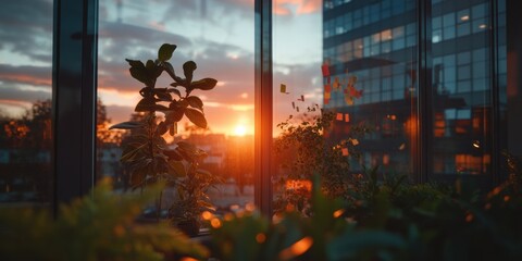 Fototapete - Sunset Serenity Urban Biophilic Workspace with Golden Hour Glow - Transformative Professional Environment Blending Nature, Technology, and Inspirational Design Aesthetics