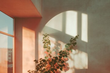 Poster - Soft Minimalist Biophilic Interior Golden Hour Aesthetic Capturing Organic Plant Silhouettes and Architectural Sunlight for Wellness Design Inspiration