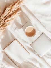 Poster - Minimalist Wellness Workspace Soft Neutral Aesthetic Capturing Tranquil Productivity, Modern Home Office Inspiration with Pampas Grass and Elegant Neutrals