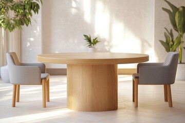 Aufkleber - Minimalist Hybrid Workspace Organic Oak Round Conference Table with Ergonomic Design - Flexible Collaborative Furniture for Modern Hybrid Work Environments
