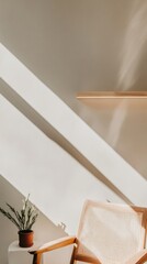 Aufkleber - Minimalist Korean Wellness Sanctuary Soft-Light Woven Reading Nook with Architectural Shadows - Mindful Living and Creative Workspace Design