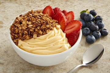 Poster - Top-down view of a bowl filled with creamy Greek yogurt, topped with crunchy granola, fresh strawberries, and blueberries, all displayed on a marble countertop
