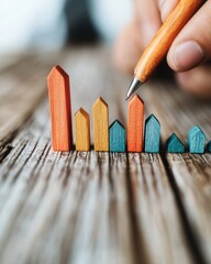 Aufkleber - Minimalist Growth Visualization Strategic Financial Planning with Wooden Architectural Growth Blocks - Innovative Investment Scaling for Entrepreneurial Vision