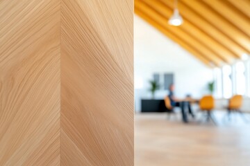 Aufkleber - Hybrid Workspace Design Minimalist Coworking Environment with Warm Wood Textures, Flexible Seating and Innovative Professional Collaboration Zones
