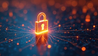 Poster - Glowing lock icon protects data digital interface. Orange color security symbol, protection of personal info, cyber security, network safety, data privacy, protection of sensitive information.
