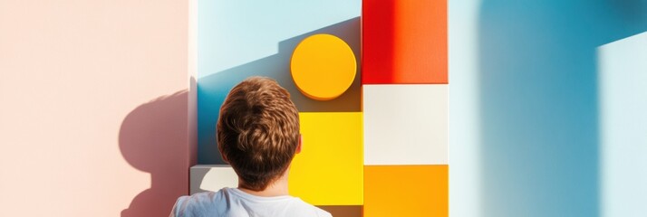 Aufkleber - Mindful Play and Developmental Learning Millennial Father Engaging Gen Z Child in Intuitive Color Block Educational Experience - Nurturing Cognitive Growth Through Interactive Design