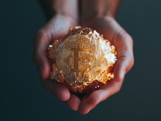 Aufkleber - Crypto Gold Rush Immersive Digital Finance Texture with Metallic Bitcoin Sculpture - Fintech Innovation and Web3 Entrepreneurial Breakthrough