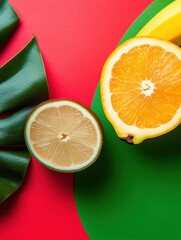 Poster - Vibrant Citrus Pop Art Minimalist Tropical Lemon and Orange Cross-Section on Bold Color-Block Background - Creative Food for Wellness and Design Trends