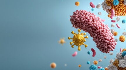 a microscopic 3d rende showcases various colorful bacteria and viruses floating against a serene lig