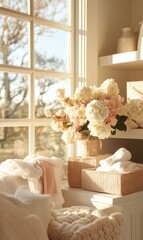 Poster - Soft Minimalist Wellness Sanctuary Sunlit Textural Self-Care Moment with Pastel Hydrangeas and Organic Textiles - Tranquil Home Styling for Mindful Living