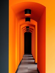 Poster - Bold Geometric Architectural Corridor Vibrant Orange Minimalist Design with Suspended Lighting - Immersive Spatial Experience in Contemporary Interior Innovation