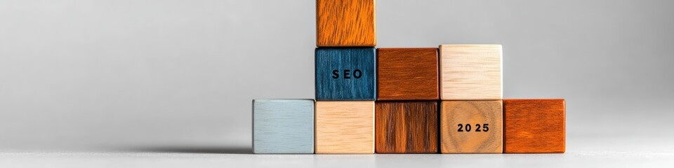 Poster - Minimalist Digital Strategy Cubes Future-Focused SEO 2025 Visualization with Warm Wooden Tones and Innovative Design Language