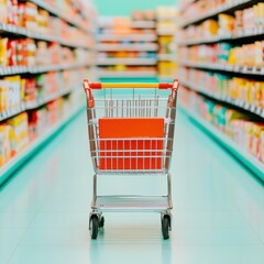 Poster - Minimalist Retail Odyssey Vibrant Shopping Cart in Modern Supermarket - Consumer Experience Design for Digital Marketing and Retail Innovation