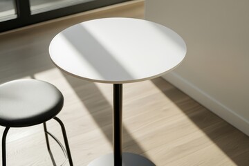 Poster - Clean white table with subtle shadows stands against a plain wall, paired with a modern chair, offering ample copy space emphasizing versatility in design