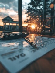 Fototapete - Golden Hour Financial Planning Cinematic Sunset Workspace Meets Digital Nomad Aesthetic - Empowering Remote Professional Productivity and Investment Strategy