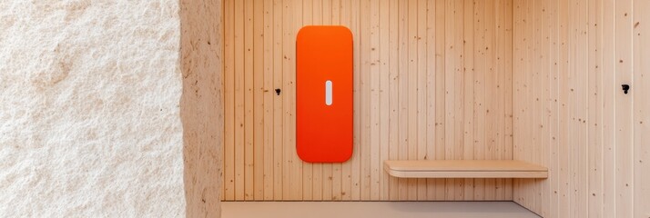 Poster - Minimalist Wellness Design Vibrant Orange Radiator with Scandinavian Wooden Aesthetic - Contemporary Interior Styling for Mindful Living Spaces