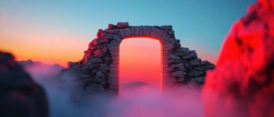 Poster - Liminal Dreamscape Ancient Stone Portal Illuminating Mystical Transitionscape - Surreal Aesthetic Design Exploring Ethereal Boundaries and Digital Experience Visualization