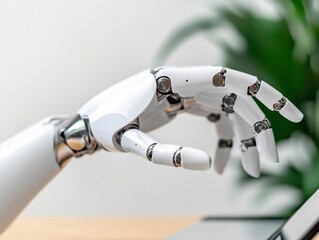 Poster - Minimalist AI Interaction Advanced Robotic Hand Gesturing in Sleek White Design - Next-Gen Digital Workspace Innovation for Machine Learning Technologies