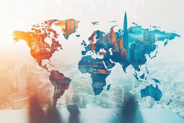 Poster - A vibrant world map overlaid with urban skylines in warm and cool tones, symbolizing global business, travel, and international connections in modern times.