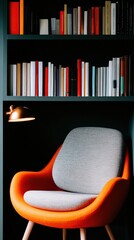 Poster - Retro-Modern Reading Nook Ergonomic Mid-Century Chair with Vibrant Color Blocking, Minimalist Home Office Styling for Creative Professionals