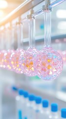 Aufkleber - Quantum Biotech Visualization Holographic Molecular Spheres in Translucent Pink and Iridescent Glass - Cutting-Edge Scientific Innovation and Next-Gen Research Aesthetics
