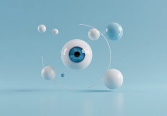 Wall Mural - surreal 3d rendering of a blue eye orbiting white spheres on light blue background