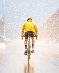 Poster - High-Performance Resilience Urban Cyclist Conquers Winter Snowscape in Bold Performance Gear - Extreme Weather Training Motivation for Active Lifestyle Enthusiasts