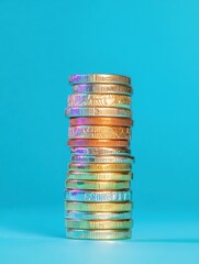 Poster - Chromatic Wealth Visualization Stacked Metallic Coins Revealing Innovative Financial Growth Strategies for Digital-First Passive Income Generation