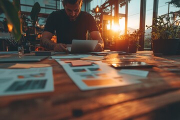 Fototapete - Golden Hour Productivity Dynamic Workspace Strategy for Next-Gen Professionals - Americas Day Innovation and Collaborative Design Insights