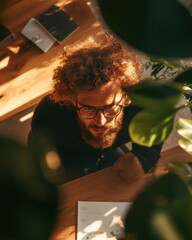Poster - Golden Hour Creativity Eco-Conscious Millennial Professional Blending Biophilic Workspace Design with Warm Analog Technology and Mindful Productivity