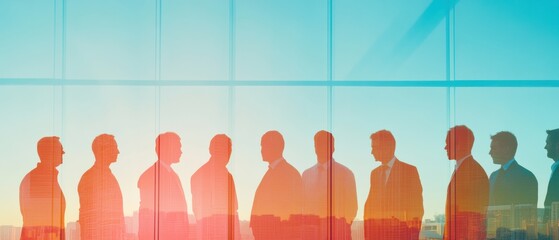 Leinwandbilder - Future-Forward Global Strategy Silhouetted Professionals Navigating Digital Transformation in Collaborative Panoramic Business Landscape with Gradient Innovation Aesthetics