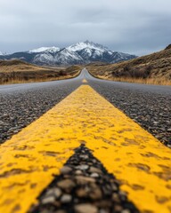 Poster - Mountain Road Minimalism Expansive Yellow Highway Leading Through Rugged Terrain - Inspiring Entrepreneurial Journey and Strategic Pathfinding Visualized in High-Resolution Landscape Imagery