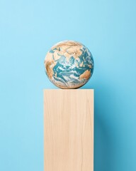 Poster - Minimalist Global Connectivity Eco-Conscious Earth Model on Sustainable Wooden Pedestal - Innovative Climate Strategy and Strategic Sustainability Visualization