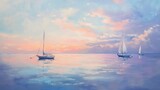 A peaceful ocean at dusk, with the sky painted in soft pastel colors. The water is calm, and a few sailboats are anchored offshore.