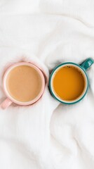 Aufkleber - Soft Minimalist Morning Ritual Pastel Ceramic Mugs on Crisp Linen - Mindful Wellness and Contemporary Lifestyle Content for Millennials and Gen Z