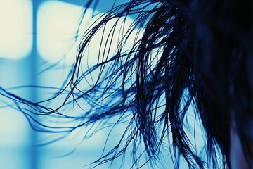 Poster - An abstract close-up featuring flowing black hair against a vibrant blue backdrop, creating a dynamic and eye-catching aesthetic composition with artistic flair.