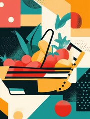 Aufkleber - Stylish abstract grocery shopping concept featuring colorful geometric shapes and modern design elements Generative AI
