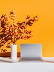 Aufkleber - Autumnal Digital Minimalism Sleek Laptop and Botanical Silhouette - Contemporary Workspace Design Inspiring Creative Productivity in Warm Seasonal Palette