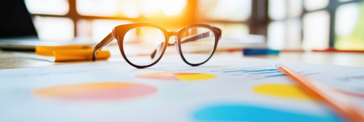 Poster - Minimalist Financial Analytics Blurred Workspace Aesthetic with Vintage Eyewear and Strategic Paperwork - Entrepreneurial Focus and Modern Productivity Visualization