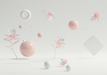Wall Mural - pastel pink and white 3d abstract background with floating geometric shapes and flowers