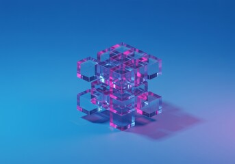 Wall Mural - abstract glass cubes in neon pink and blue light